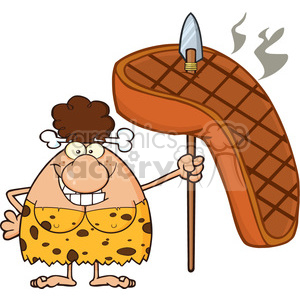 A cartoon cavewoman with curly hair, wearing a bone in her hair, a yellow spotted dress, and holding a large steak on a spear.