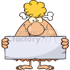 funny cave woman cartoon mascot character holding a stone blank sign vector illustration