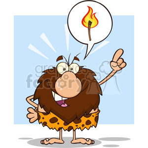 A cartoon caveman with a speech bubble showing a fire on a stick, suggesting a stone-age idea.