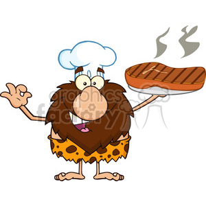 chef male caveman cartoon mascot character holding up a platter with big grilled steak and gesturing ok vector illustration