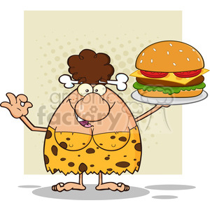 A cartoon cavewoman dressed in a spotted animal print dress holds a large hamburger on a plate, with a humorous and exaggerated expression.