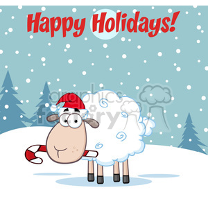 The clipart image features a cute cartoon sheep wearing a red Santa hat and a candy cane-striped scarf. The sheep stands in a snowy landscape with pine trees in the background, and it's snowing. Above the sheep, there's a festive red text that reads Happy Holidays!