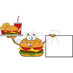 burger cartoon mascot character holding a platter with burger, french fries and soda by blank sign vector illustration isolated on white background
