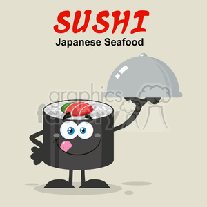   illustration sushi roll cartoon mascot character licking his lips and holding a cloche platter vector illustration flat style poster with background 