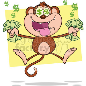 A cartoon monkey with a big smile, holding money in both hands, and dollar signs in its eyes.