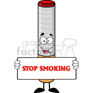 Clipart image of a cigarette with a face, holding a sign that says 'STOP SMOKING'.