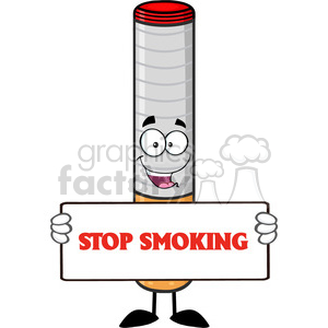   royalty free rf clipart illustration electronic cigarette cartoon mascot character holding a sign vector illustration with text stop smoking isolated on white background 