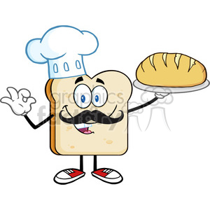 A cheerful slice of bread cartoon character wearing a chef's hat, mustache, and holding a loaf of bread on a tray.