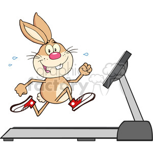 royalty free rf clipart illustration smiling rabbit cartoon character running on a treadmill vector illustration isolated on white