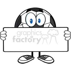 The clipart image depicts a cartoon soccer ball character with large eyes, shoes, and gloves, holding a blank horizontal banner or sign in front of it. The character appears to be standing and the banner provides space for customization or text.