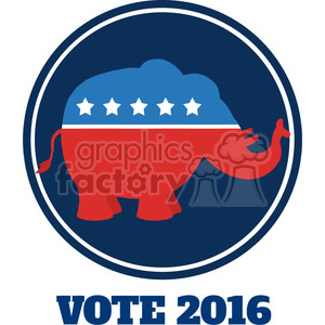 A clipart image of a red elephant with a blue back and white stars, symbolizing the Republican Party, with the text 'VOTE 2016' below it. The image is enclosed within a dark blue circle outline.