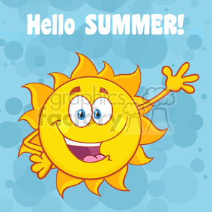 happy sun cartoon mascot character waving for greeting with text hello summer vector illustration with blue background
