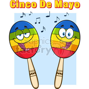 two colorful mexican maracas cartoon mascot characters singing vector illustration isolated on white background with notes and text cinco de mayo