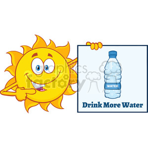 talking sun cartoon mascot character pointing to a sign with text drink more water vector illustration isolated on white background