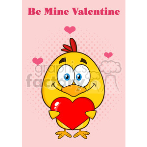 The image is a clipart featuring a cute, yellow cartoon chick with a chubby appearance and big blue eyes. The chick is smiling and holding a red heart in front of it. At the top of the image, the text Be Mine Valentine is written in decorative, bold letters. The background is pink with a faint polka dot pattern and includes smaller hearts floating around. 