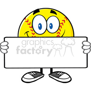 smiling softall cartoon mascot character holding a blank sign vector illustration isolated on white background