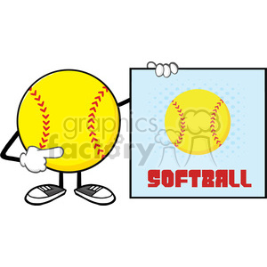 softball faceless cartoon mascot character pointing to a sign with text softball vector illustration isolated on white background