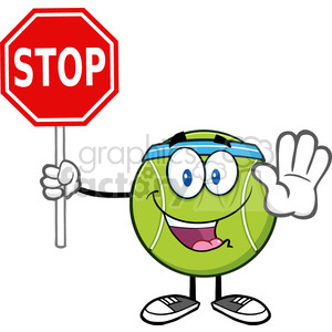 funny tennis ball cartoon mascot character gesturing and holding a stop sign vector illustration isolated on white