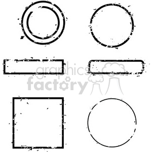 A set of six grungy black and white clipart shapes, including two circles, one oval, one rectangle, one rounded rectangle, and one square.