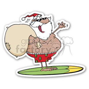 A festive clipart image of Santa Claus in sunglasses, wearing red shorts with Christmas tree patterns, standing on a surfboard, and holding a sack.