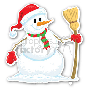 A cheerful snowman wearing a Santa hat, striped scarf, and red mittens, holding a broom. The snowman is smiling, with a carrot nose, and stands on a patch of snow.