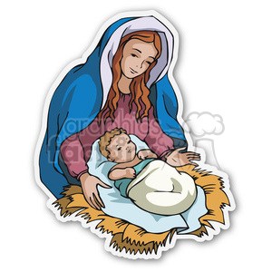 Illustration of a mother and child, symbolizing a nativity scene with Christmas themes.