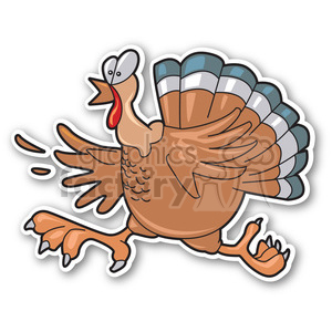 Cartoon clipart of a turkey running, perfect for Thanksgiving holiday themes and sticker designs.