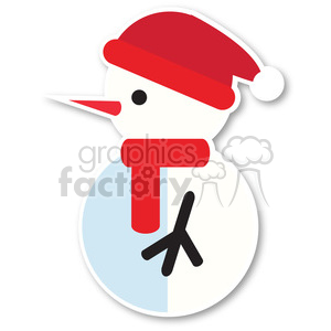 A flat design clipart image of a snowman wearing a red Santa hat and a red scarf.