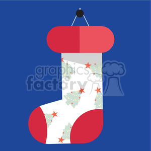 A flat design clipart image of a Christmas stocking with red trim and decorated with holiday trees and stars.