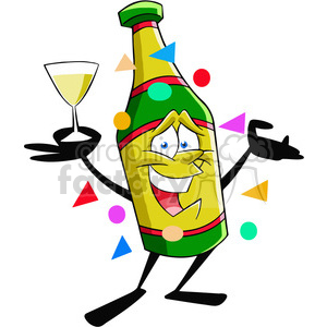 A cheerful cartoon champagne bottle holding a glass, surrounded by colorful confetti, celebrating a new year.