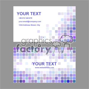 A set of business cards featuring a white background with a colorful mosaic pattern of small squares in shades of purple, blue, and light gray. The business cards include placeholders for text such as name, contact information, and company details.