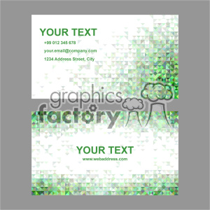 A set of two business card templates with green triangular mosaic patterns. The top card has spaces for text including a name, phone number, email, and address, while the bottom card includes space for text and a website URL.