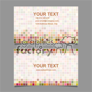 Clipart image of a business card design template with a multi-colored mosaic pattern background. The card features placeholder text for contact information, including an address, phone number, email, and web address.