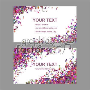 Clipart image of two business cards with a colorful geometric triangular border design. Each card has placeholders for text, contact number, email address, physical address, and web address.
