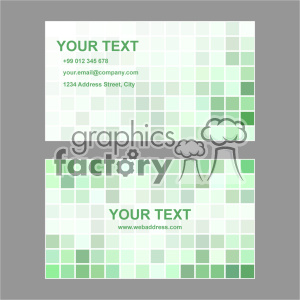 A modern business card design with a grid of green shades in the background. The front side includes placeholders for contact information such as phone number, email address, and physical address, while the back side features a website address.