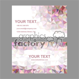 A set of two geometric-themed business card templates. Both cards feature a polygonal background design in shades of pink, purple, and beige with text placeholders.