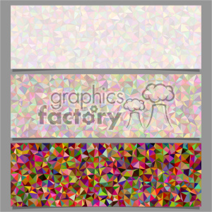 A clipart image featuring three abstract geometric pattern banners with various pastel to vibrant color combinations and triangular shapes.