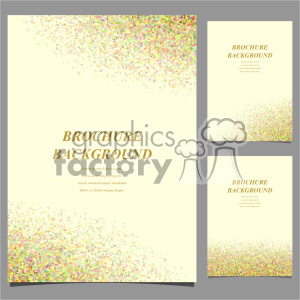 This clipart image features a brochure background with a minimalistic design. The background is predominantly cream-colored with an abstract, colorful, confetti-like pattern scattered along the top and bottom edges. There are three variations of the layout illustrated: a primary full-page design and two smaller variants.