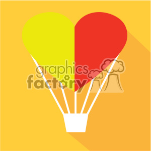 A flat design illustration of a hot air balloon shaped like a heart, with one half in yellow and the other in red, set against a vibrant yellow background.