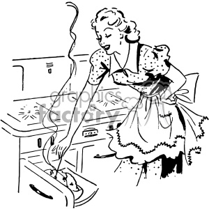 A clipart image depicting a woman in vintage clothing taking a dish out of the oven with a joyful expression. She is wearing a polka dot dress and an apron.
