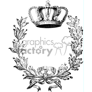 A black-and-white vintage clipart image featuring a royal crown positioned above a laurel wreath. The laurel wreath is tied with a bow at the base, creating an elegant and classical design.