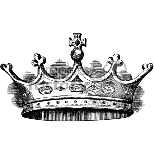 An intricate black and white clipart illustration of a royal crown adorned with jewels and crosses.