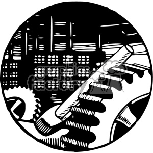A black and white clipart image of mechanical gears and instruments. The circular design includes various mechanical elements like gears, cogs, and possibly machinery parts, all intricately detailed.