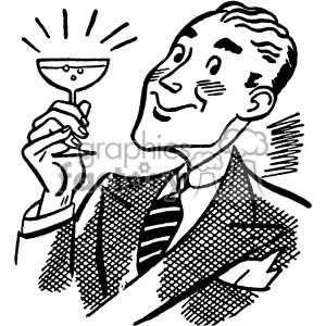 A black and white clipart image of a man in a suit holding up a cocktail glass with a cheerful expression.