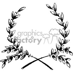 Clipart image of a laurel wreath with leaves in a vintage black and white illustration style.