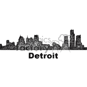 A black and white sketch-style clipart image of the Detroit skyline with the word 'Detroit' written underneath.
