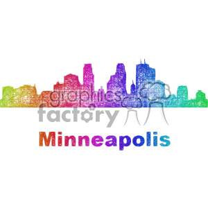 A colorful sketch-style illustration of the Minneapolis skyline with the word 'Minneapolis' written below in similar vibrant colors.