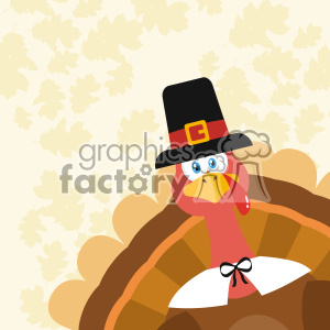 A cartoon turkey wearing a pilgrim hat, surrounded by autumn leaves, symbolizing Thanksgiving.