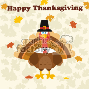 A cartoon turkey wearing a pilgrim hat and collar on a background of autumn leaves with the text 'Happy Thanksgiving'.