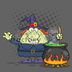 Ugly Halloween Witch Cartoon Mascot Character Preparing A Potion In A Cauldron Vector With Halftone Background